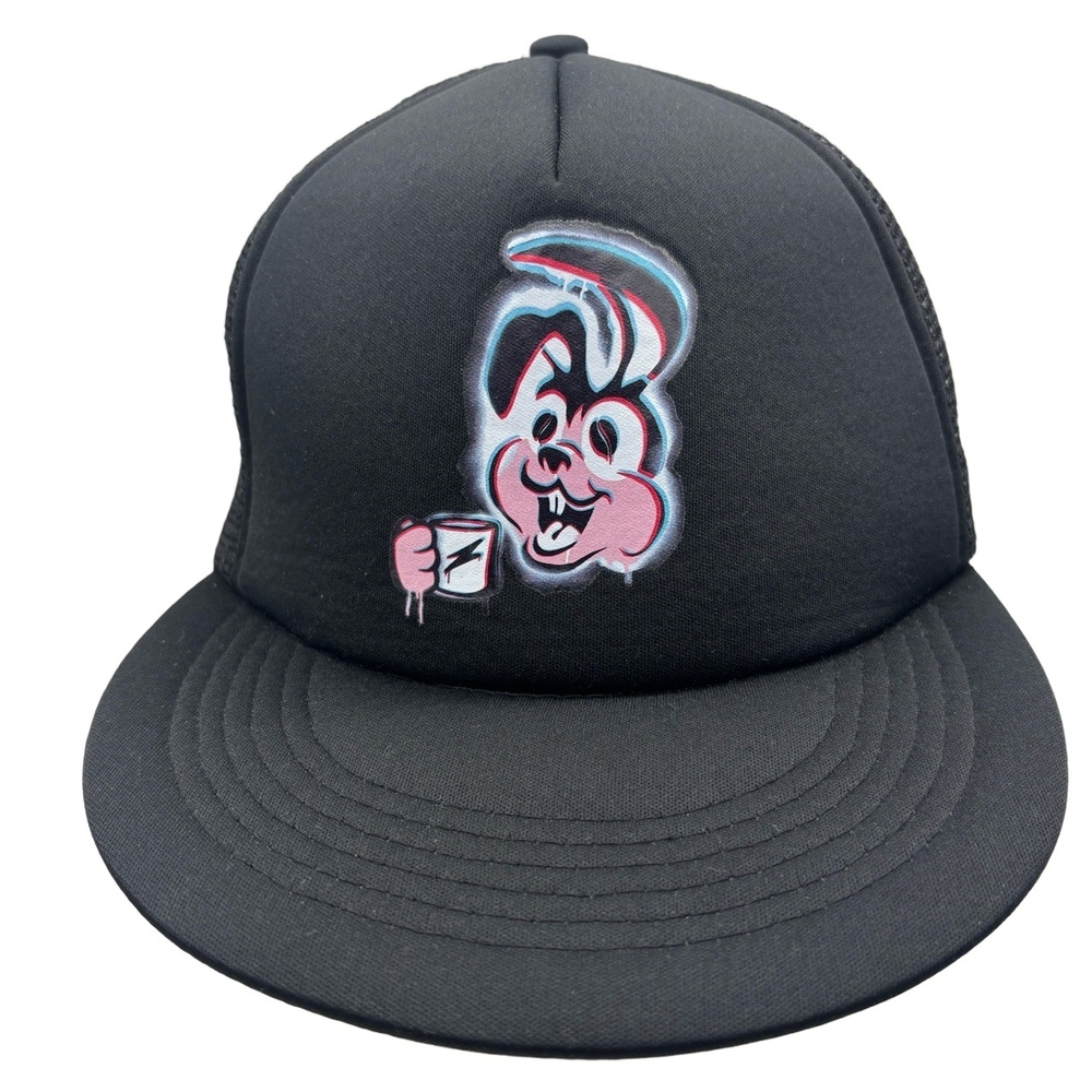 Vintage Style Bunny Coffee Cup Graphic Trucker Hat Black Mesh Snapback One Size